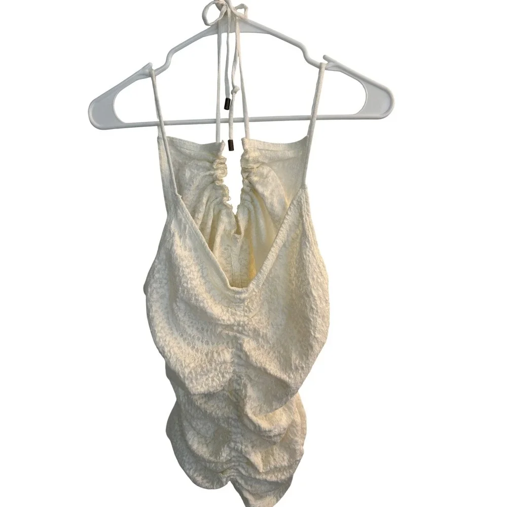 Free People Halter Top Womens M Ivory Gardenia Ruched Cut‎ Out Boho